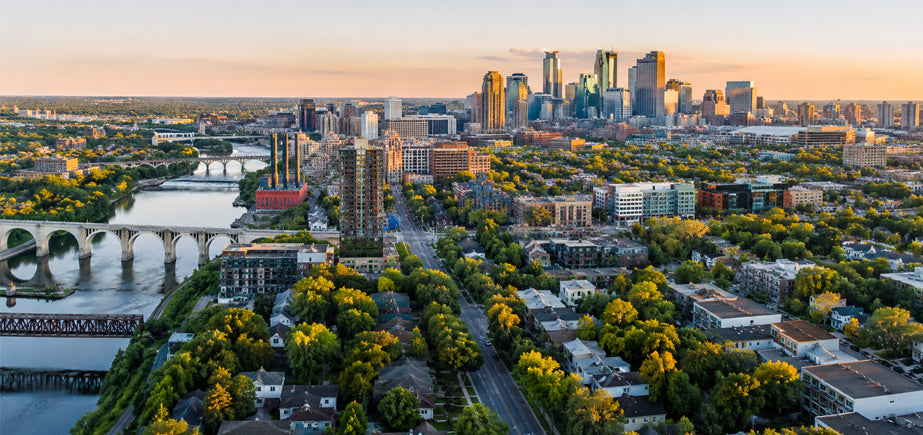 Aerial view of the Minneapolis skyline and the Mississippi River